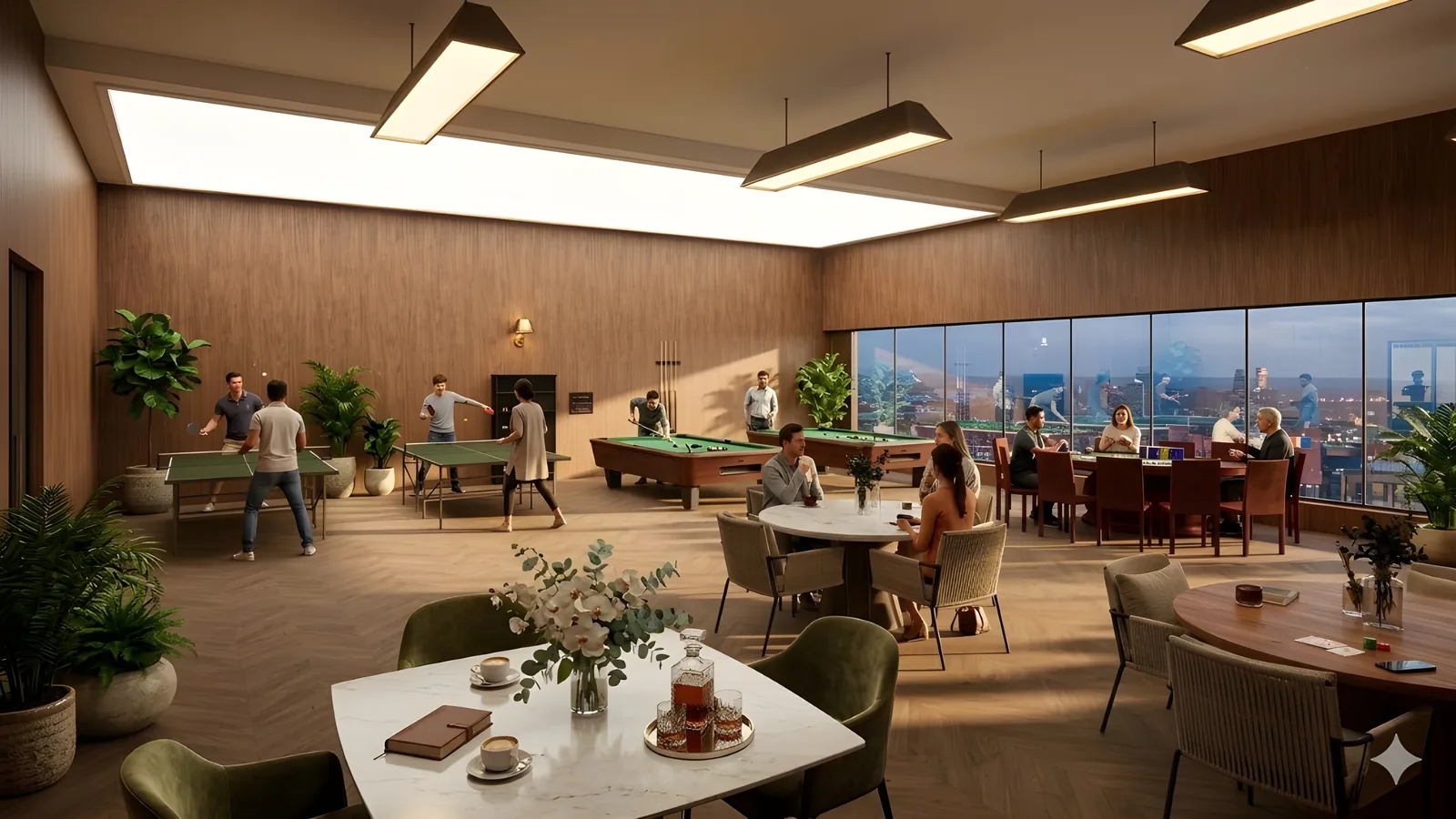 Indoor recreation lounge with table tennis, pool tables and relaxed social seating.